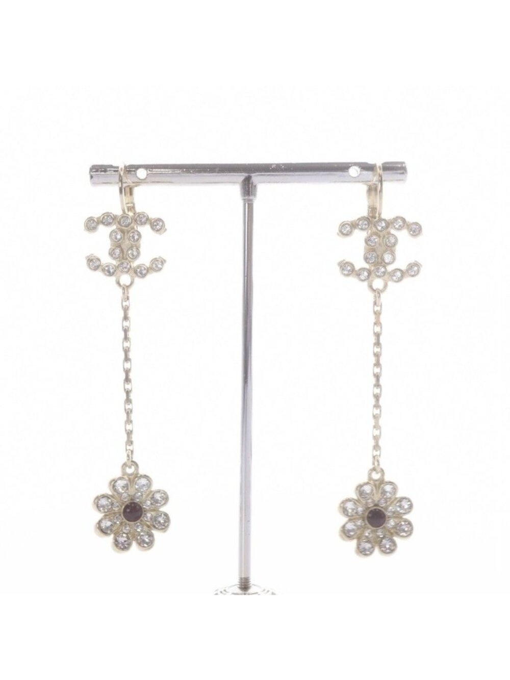 Chanel 18C CC Logo Rhinestone Flower Drop Earrings Gold